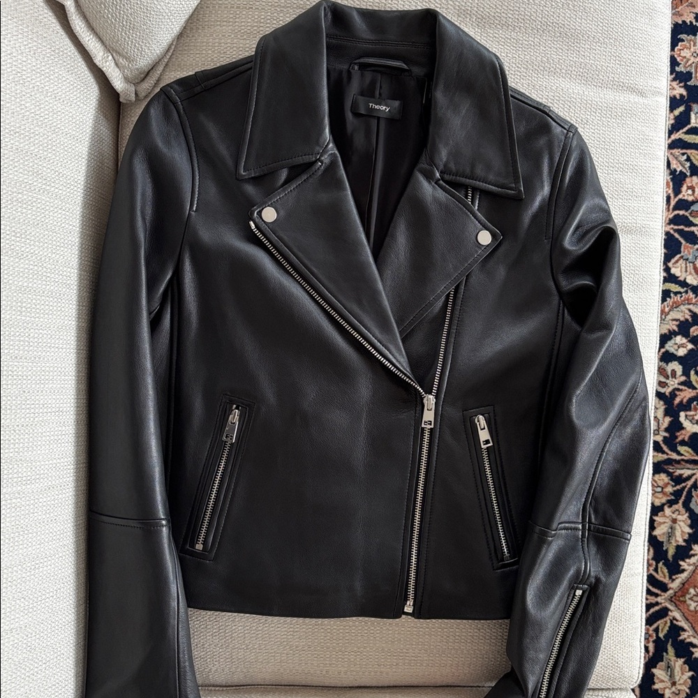 NWT Theory Moto Black Biker Grain Lamb Leather Jacket with Silver Accents Size M - Picture 2 of 16